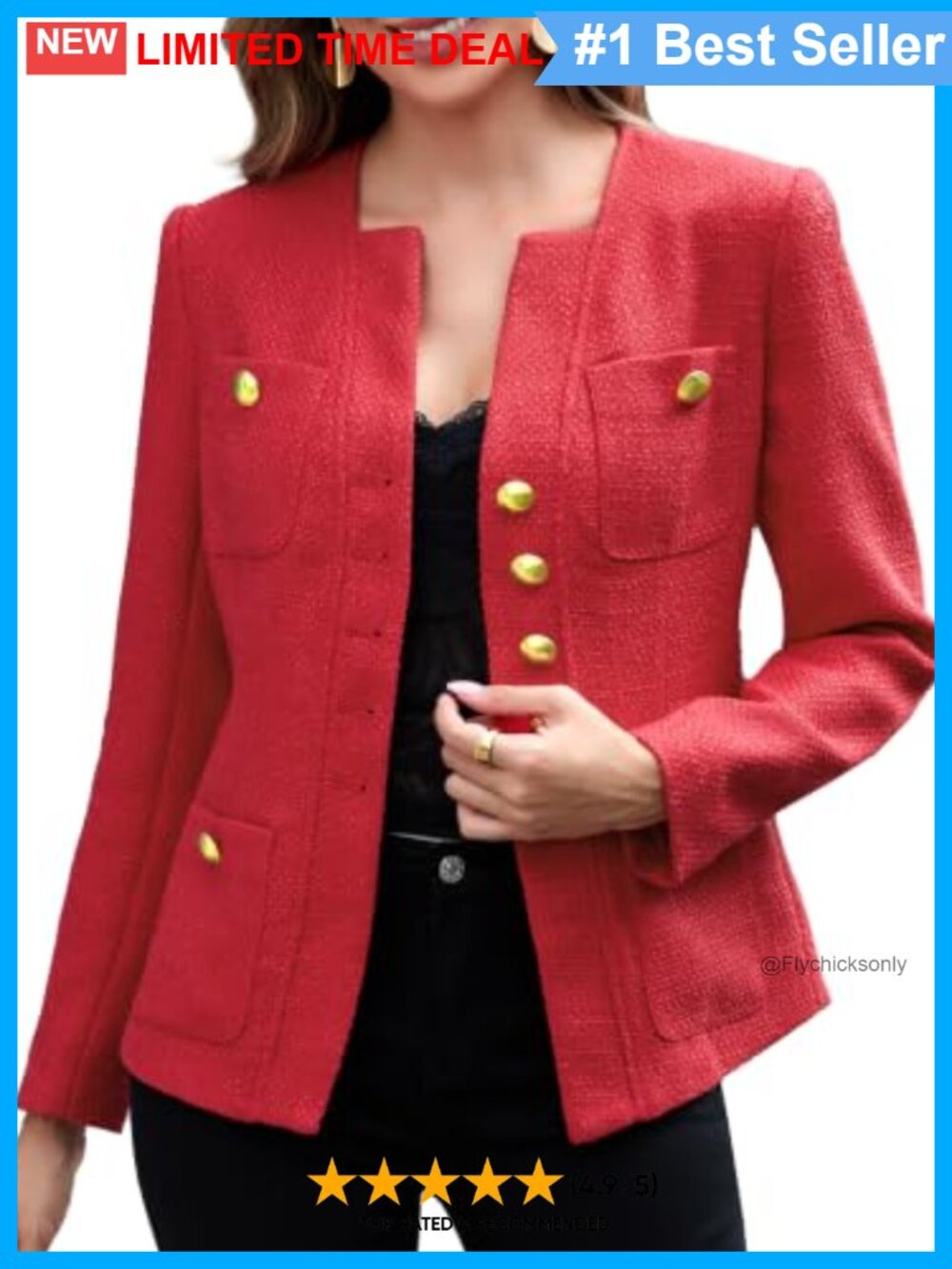 Tweed Blazer Women Tailored Collarless V-Neck Button Pockets Business Casual